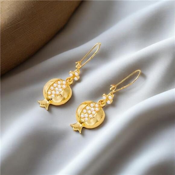 18K Gold Plated Pomegranate Design Drop Earrings – Cubic Zirconia Inlay - Picture 5 of 6